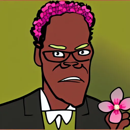 Image similar to a stylized cartoon of samuel l jackson with a pink flower in his hand