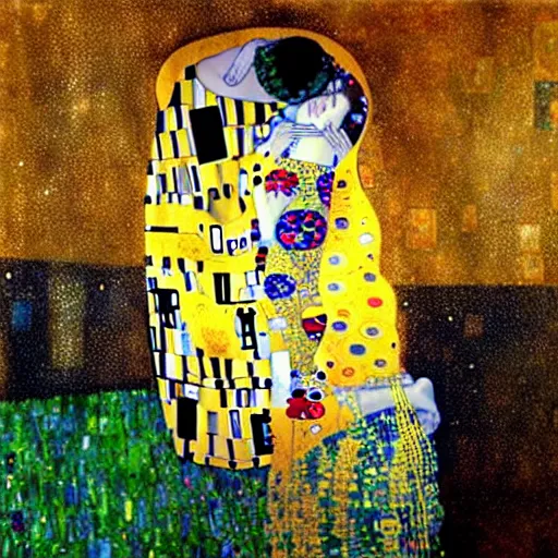 Prompt: The Kiss from Klimt but painted in the style of Vincent Van Gogh