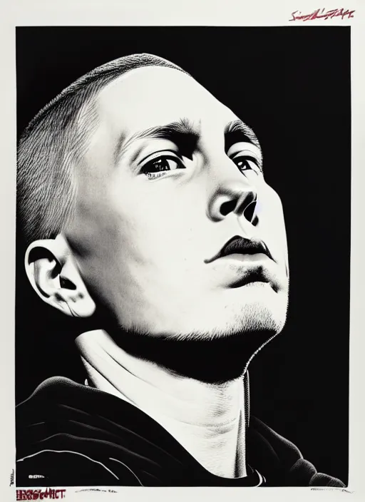 Prompt: Sideview Portrait of Eminem Shepard Fairey