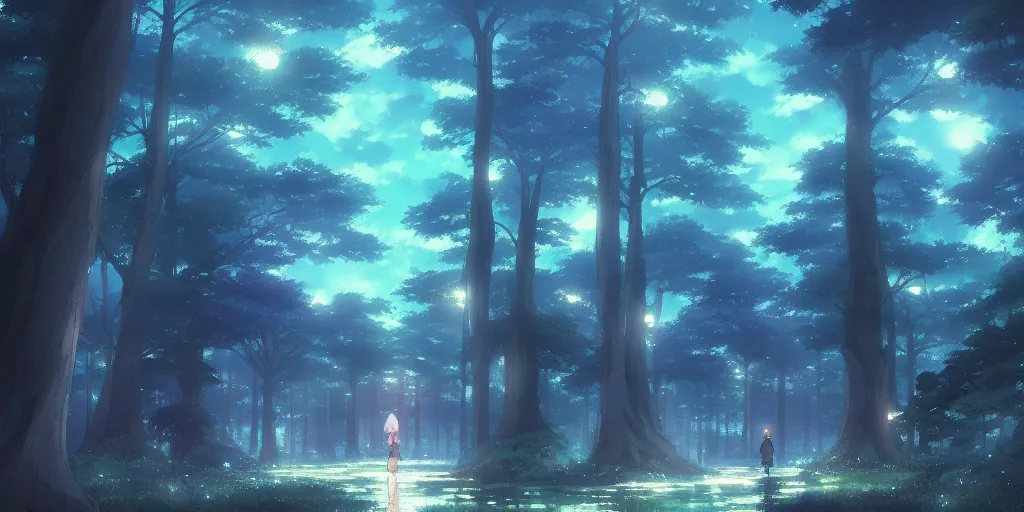 Image similar to beautiful anime painting of a magical forest, nighttime, by makoto shinkai, koto no ha no niwa, studio ghibli, artstation, atmospheric.