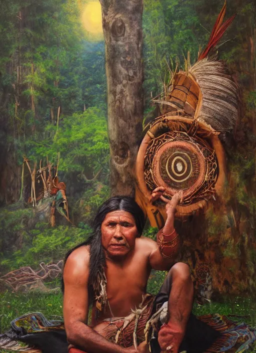 Prompt: a realistic painting of indigenous man sitting next to a shamanic drum, highly detailed, matte painting, fantasy art, ayahuasca