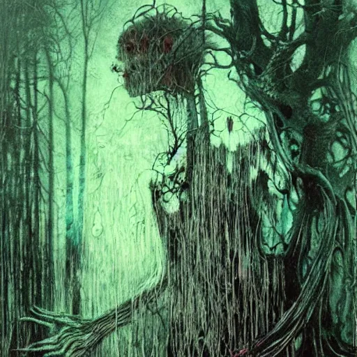 Image similar to ! dream creepy old witch house, ghosts in a dark forest, high detailed beksinski painting, by adrian ghenie and gerhard richter. art by takato yamamoto. masterpiece, deep colours.