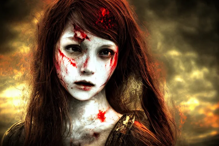 Prompt: girl blood, fantasy, dark, ultra realistic!!!, hdr, clear weather, golden hour, sharp focus