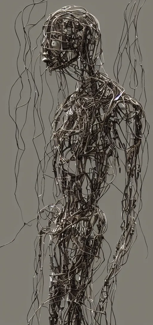 Prompt: human made out of wires and machinery, body horror, creepy, disturbing, dark,