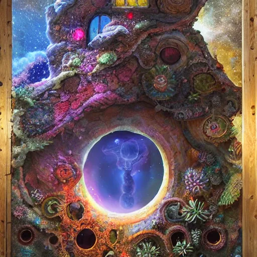 Prompt: highly detailed, intricate beautifully stunning elemental Kinocorium in the middle of a keyhole portal overlooking the cosmic Succularium by Andrei Riabovitchev, Shaun Tan and Peter Mohrbacher. stunning atmosphere, fiery prismatic nebula