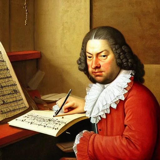 Image similar to highly detailed painting of bach writing a piece of music on a sheet of paper, he is inside of a wooden shack, 4 k resolution, by jaquis luis david, visible paint layers, renaissance.