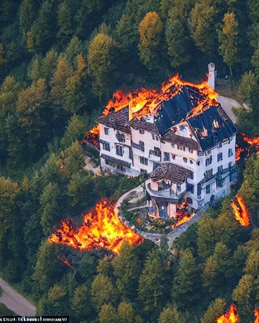 Image similar to mansion in the alps set on fire, zoomed out, shot from drone, iphone capture, fire