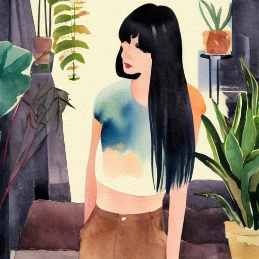 Prompt: a room full of beautiful house plants and a pretty woman with pale skin, long black hair with bangs, wearing shorts and t shirt, abstract, golden light, beautiful watercolor art trending on artstation