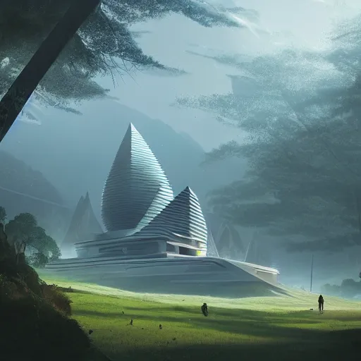 Image similar to futuristic temple between hills with big trees, monks walking, shooting stars, dramatic lighting, artstation, matte painting, raphael lacoste, simon stalenhag, frank lloyd wright, zaha hadid