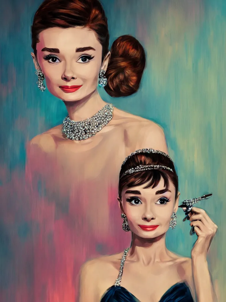 Prompt: a portrait of Audrey Hepburn from Breakfast at Tiffanys, glamorous setting, vivid colors, soft lighting, atmospheric, cinematic, moody, in the style of Ross Tran, oil on canvas, 8k