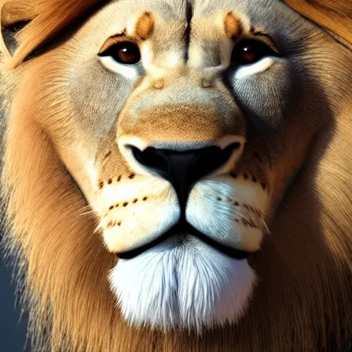 Prompt: a lion shaped like a furry fuzzy ball, 3 / 4 pose, highly detailed face, realistic, unreal render, studio lighting, 8 k, sharp focus