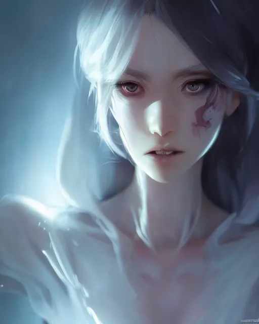 Prompt: a female ghost, translucent and scary looking, full shot, atmospheric lighting, detailed face, by makoto shinkai, stanley artgerm lau, wlop, rossdraws