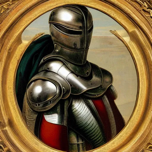 Image similar to a realistic painting by Raffaello Sanzi depicting the knight in shining armor with the head of the symbiotic Venom in the Renaissance.