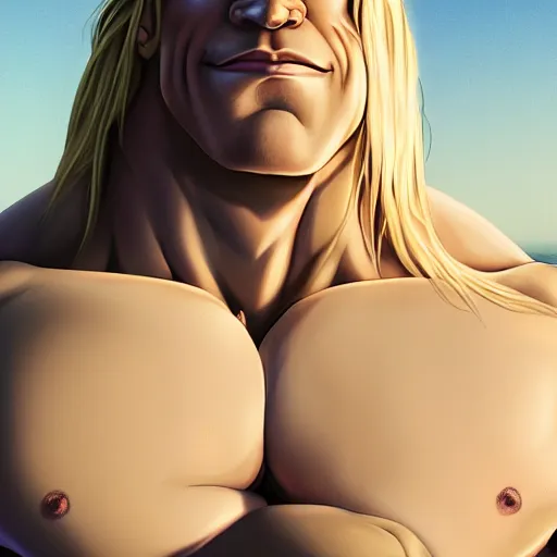 Image similar to portrait of the immensely towering bodybuilder Lucius Bjornsson with beautiful long pale blond hair, albino white pale skin, posing for a photoshoot in the golden hour, black tank top, broad shoulders and huge thick arms, ambient lighting, 4k, anime key visual, lois van baarle, ilya kuvshinov, rossdraws, artstation