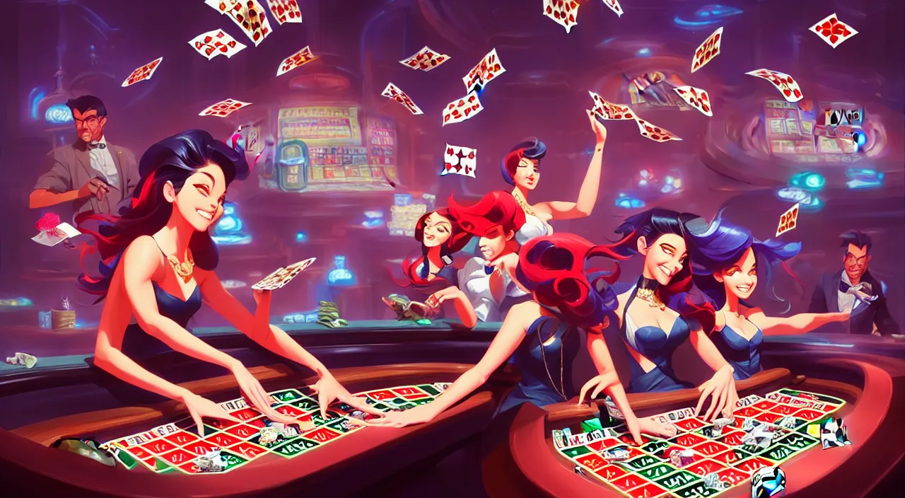 Prompt: incredible, mindblowing, gambling in a casino with many vibrant machines, in marble incrusted of legends official fanart behance hd by jesper ejsing, by rhads, makoto shinkai and lois van baarle, ilya kuvshinov, rossdraws global illumination