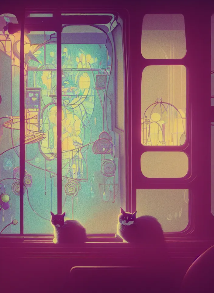 Image similar to telephoto 7 0 mm f / 2. 8 iso 2 0 0 photograph depicting the feeling of chrysalism in a cosy safe cluttered french sci - fi ( ( art nouveau ) ) cyberpunk apartment in a pastel dreamstate art cinema style. ( cat ) ( ( fish tank ) ), ambient light.