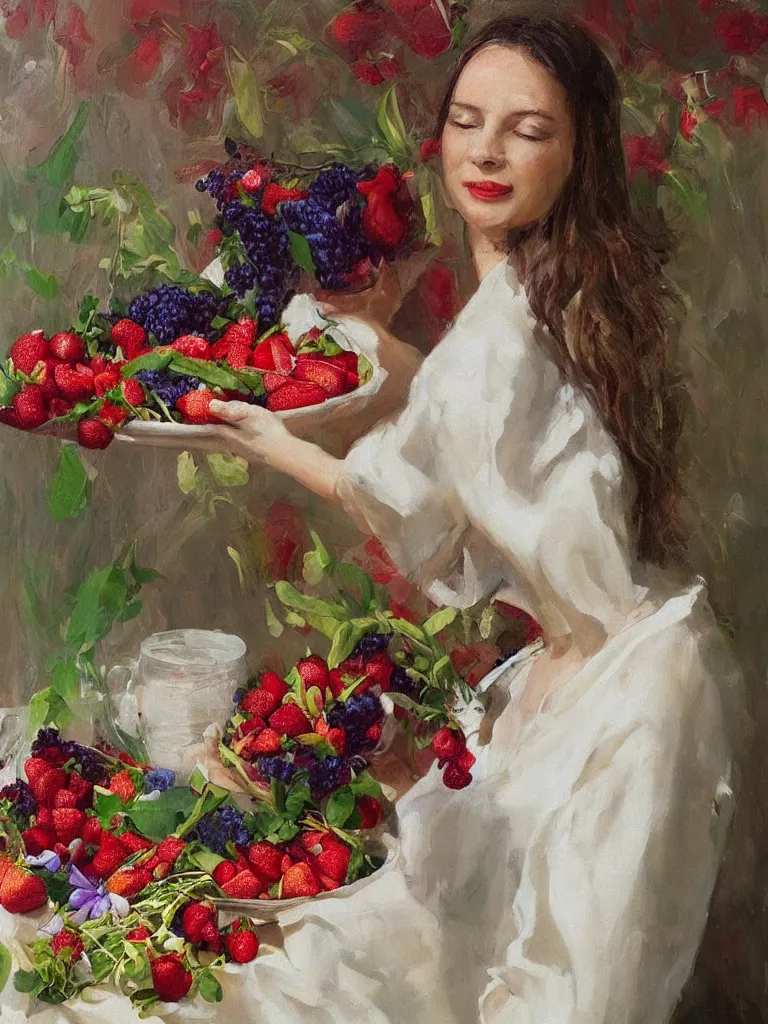 Image similar to “organic, portrait of a woman wearing white silk, neoexpressionist, eating luscious fresh raspberries and strawberries and blueberries, edible flowers”