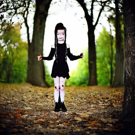 Prompt: goth girl, 7 years old, nature photography