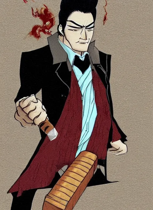 Prompt: heihachi mishima dressed formally, smoking a cigar, drawn in the style of keisuke itagaki