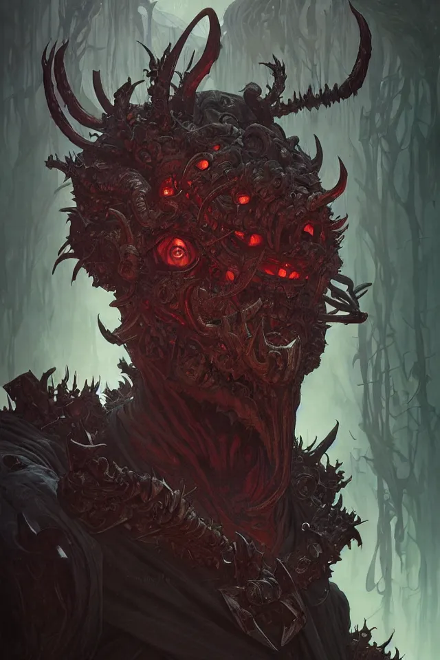 Prompt: portrait of a corrupted demonic fiend, looking at camera, d & d, savage monster, intricate, fantasy, extremely detailed, digital painting, artstation, concept art, smooth, sharp focus, illustration, ambient lighting, art by artgerm and greg rutkowski and alphonse mucha and simon stalenhag