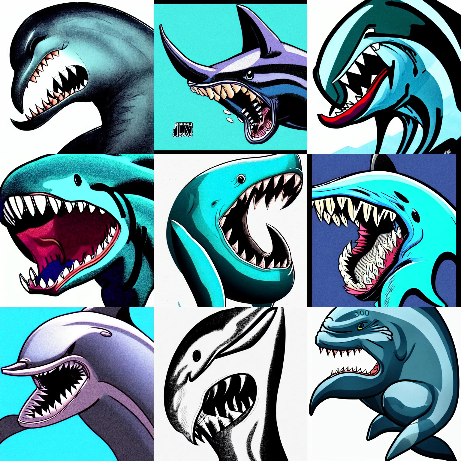 Prompt: anthropomorphic sideview dolphinshark!!! jim lee!!! face macro shot!!! flat! ink sketch colorised by jim lee close up in the style of jim lee, ninja! battle rugged hulk shark animal superhero by jim lee