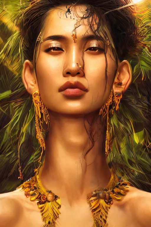 Prompt: stunningly beautiful, nepali dancer in jungle, symmetrical face, golden hour, smooth, focus, highly detailed, hyper realistic, dramatic lighting, elegant, intricate, concept art, art by wlop, mars ravelo, greg rutowski, artstation