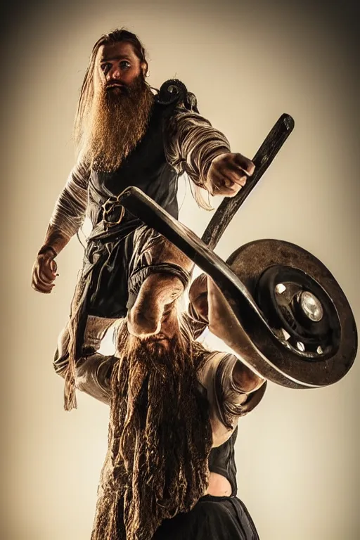 Image similar to old editorial vintage full body photo of ancient viking warrior with full beard on the complex big steam punk airboard with antigravity engine, extreme sports photography ,super high speed photogrphy, dynamic photography,symmetrical face, clean face, muscular body, high speed,dirt and grawel in air, lens flares, dust partiles in the air, dramatic lighting, intricate, highly detailed, centered, smooth, sharp focus, sports photography, old photo, black and white, sepia, cinematic lighting, cinematic angle, national geographic