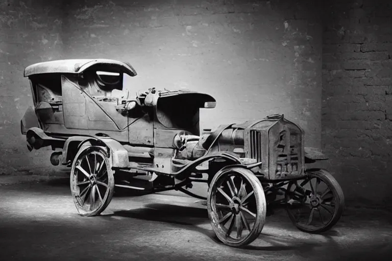 Image similar to cyberpunk 1 9 0 8 model ford t, volumetric lighting, in a museum, museum exhibit, museum lighting, 9 0 s film photo