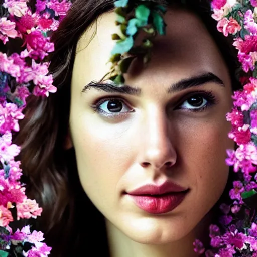 Image similar to fine art photo of the beauty gal gadot, she is posing while maintain a sweet eye contact to the camera, she has a crown of flowers, the photo was taken at sunrise with a bokeh effect, by ellie victoria gale, photorealistic, matte painting, hyper realistic, 4 k, 8 k, cinematic composition, hd, highly detailed, trending on artstation