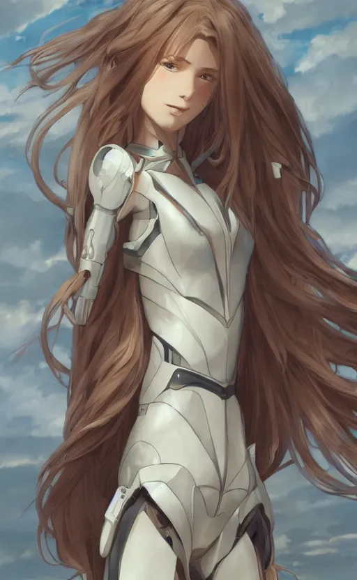 Image similar to girl with aircraft mecha legs, anime style, long hair, hair down, symmetrical facial features, from arknights, hyper realistic, pale skin, 4 k, rule of thirds, extreme detail, detailed drawing, trending artstation, hd, military gear, d & d, realistic lighting, by alphonse mucha, greg rutkowski, sharp focus, backlit