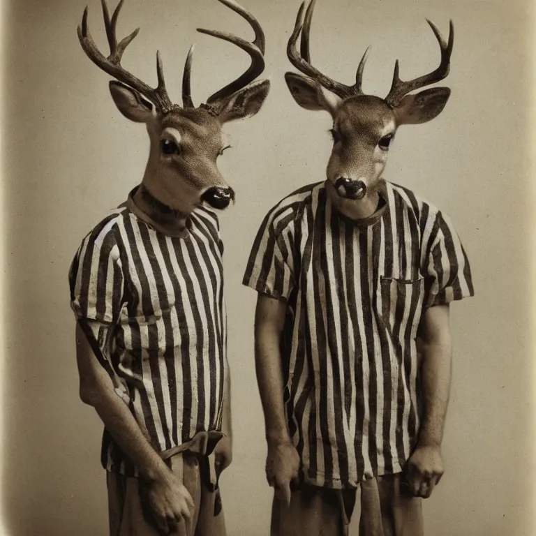 Image similar to deer headed man wearing striped prison clothing, colorized old jail mugshot