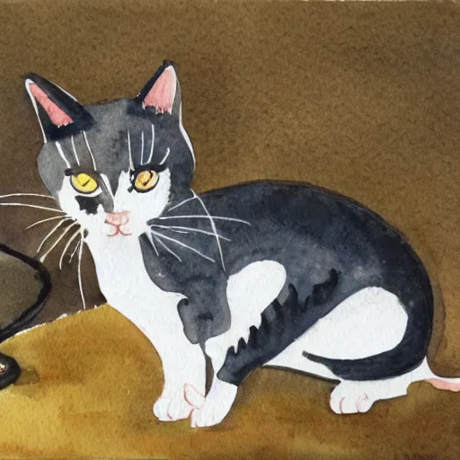 Prompt: a cat using a sniper rifle to hunt a mouse. watercolor.