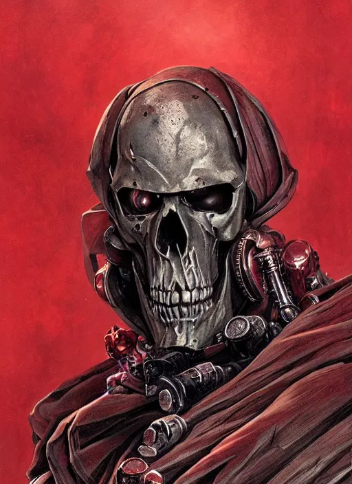 Prompt: portrait of rotten zombie skull adeptus mechanicus in red hood and robe from Warhammer 40000. Highly detailed, artstation, illustration by and John Blanche and zdislav beksinski and wayne barlowe