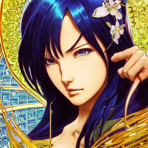 Image similar to highly detailed vfx portrait of nico robin by eiichiro oda, makoto shinkai, alphonse mucha, sharp focus, art by artgerm and greg rutkowski!, backlit, harsh overhead sunlight, blue eyes!!, aquiline nose!!, stanley kybric, kaoru mori, hyper detailed, smooth pixiv, fanbox,