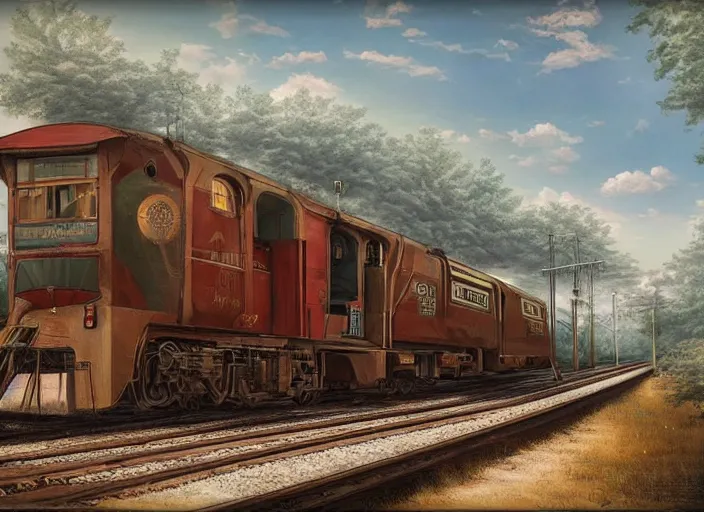 Prompt: 🛤🚞🧳, lowbrow, matte painting, 3 - d highly detailed, in the style of,