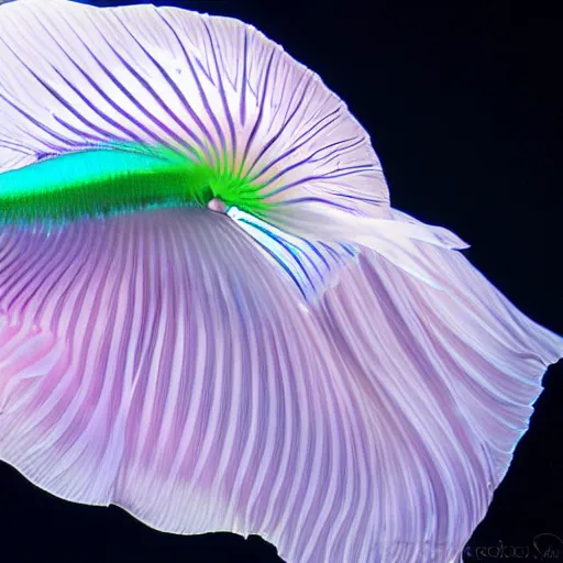 Prompt: a graceful iridescent white betta fish with long swirling fins, black-water-background, white smoke