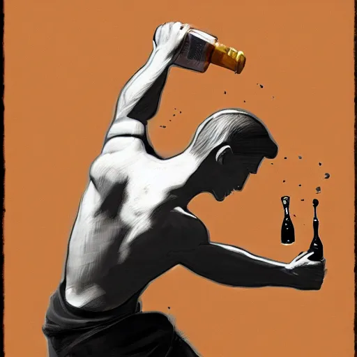 Prompt: artistic rendition of a man jumping in the while holding a bottle, trending on Artstation