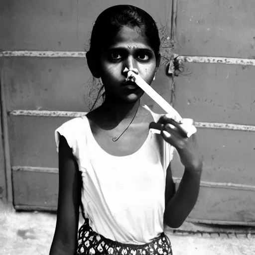 Prompt: portrait of a sri lankan girl smoking cigarette, vintage photo in 8 0's style