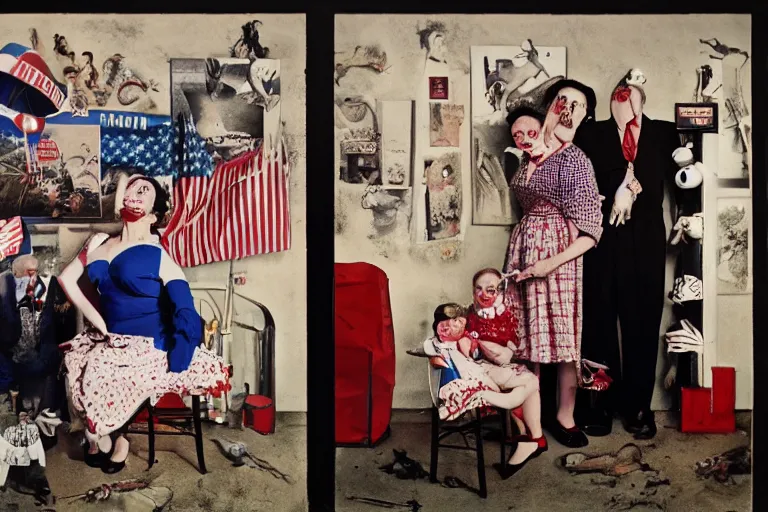 Image similar to full color american nightmare, joel peter witkin photo of 1 9 5 0 s suburban family, capitalist propaganda meets body horror, patriotic nihilism, annie liebovitz, bosch, disney, minimalism, despair