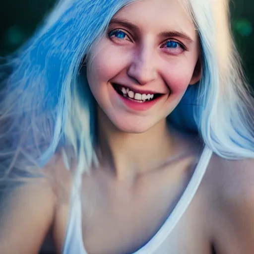 Image similar to beautiful hyperreal portrait of a cute young woman smiling softly, long white hair and bangs, flushed face, blue eyes, by juan francisco casas, golden hour, soft focus, 8 k, portra 4 0 0