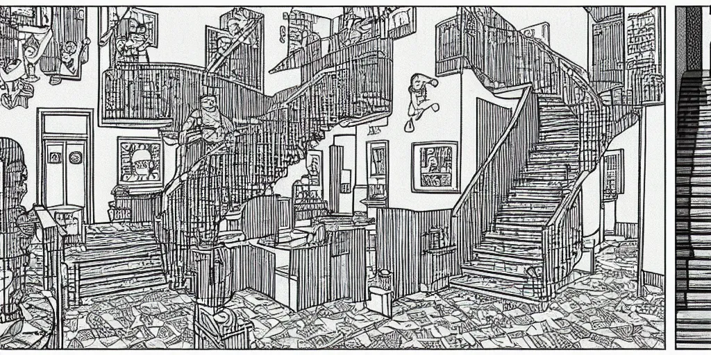 Image similar to the simpsons drawn in the style of M C escher, stairs, Tessellating shapes