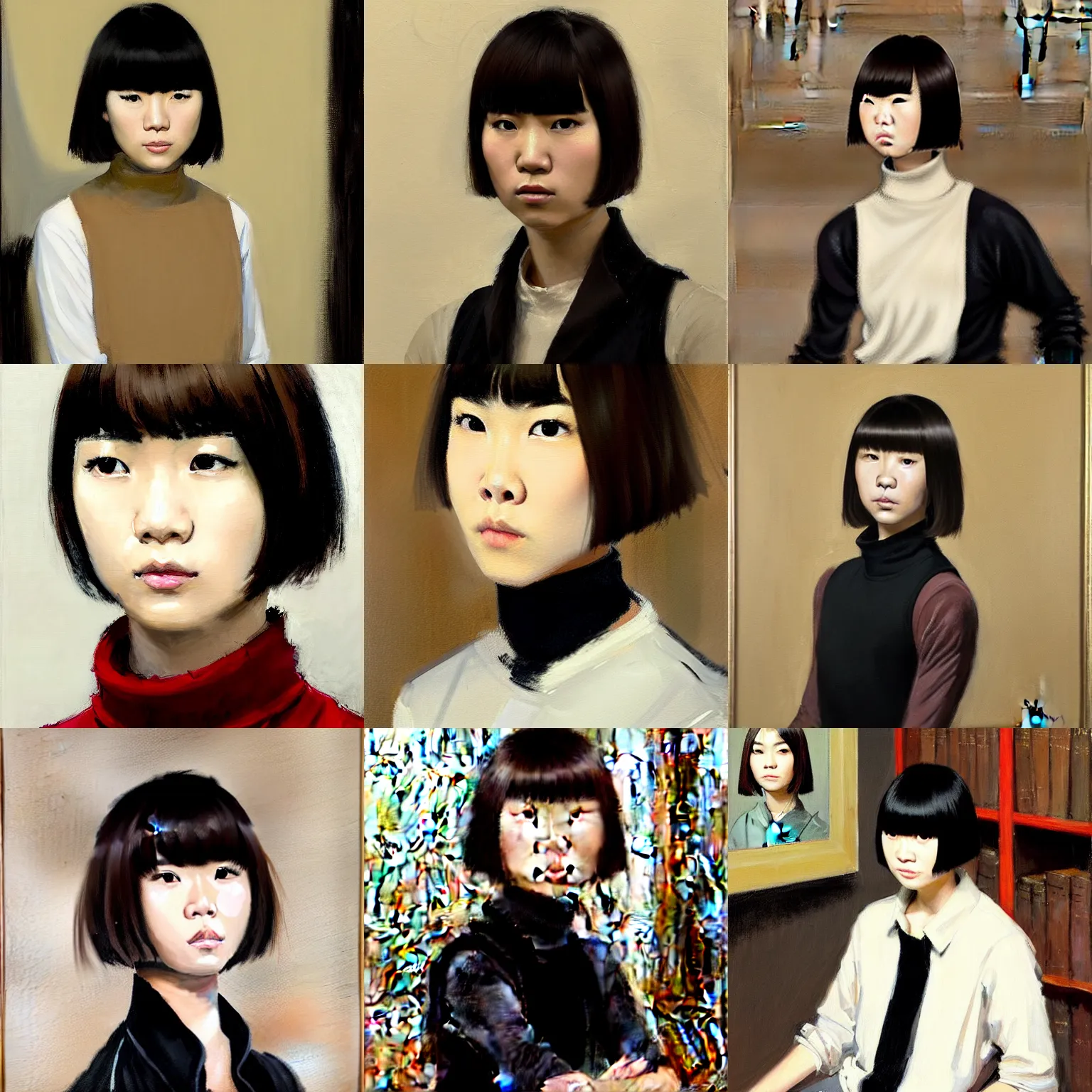 Prompt: painting of a stern young asian woman with brown hair in a bob cut with blunt bangs. her eyes are red, she wears a black halter vest over a long - sleeve white shirt with a turtleneck, strudying at a modern library by jeremy mann, stylized, detailed, realistic, loose brush strokes