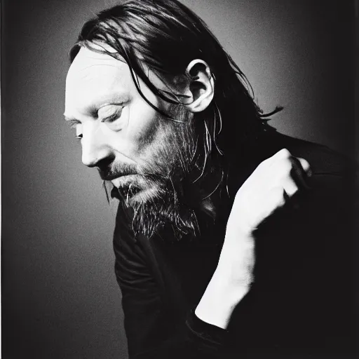 Prompt: Thom Yorke, Radiohead singer Thom Yorke, holding the moon upon a stick, with a beard and a black jacket, a portrait by John E. Berninger, dribble, neo-expressionism, uhd image, studio portrait, 1990s