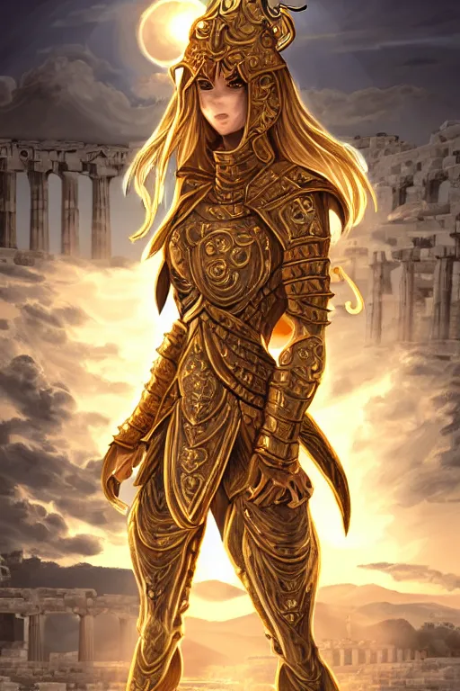 Image similar to portrait knights of zodiac girl, golden and copper shining armor, karate pose, in ruined agora of athens sunrise, ssci - fi and fantasy, intricate and very very beautiful and elegant, highly detailed, digital painting, artstation, concept art, smooth and sharp focus, illustration, art by z - - ed