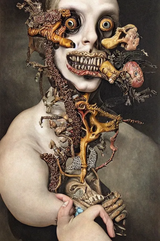 Prompt: Detailed maximalist portrait with large lips and with large wide eyes, surreal extra flesh, teeth and bones, HD mixed media, 3D collage, highly detailed and intricate, illustration in the golden ratio, in the style of Caravaggio, dark art, baroque