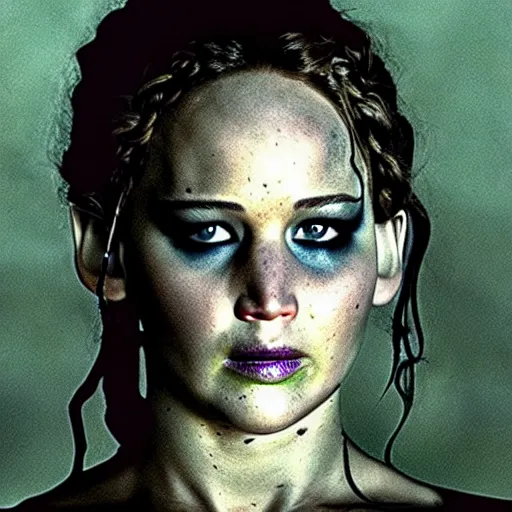 Image similar to jennifer lawrence as frankenstein's monster, color photography, sharp detail, still from the movie