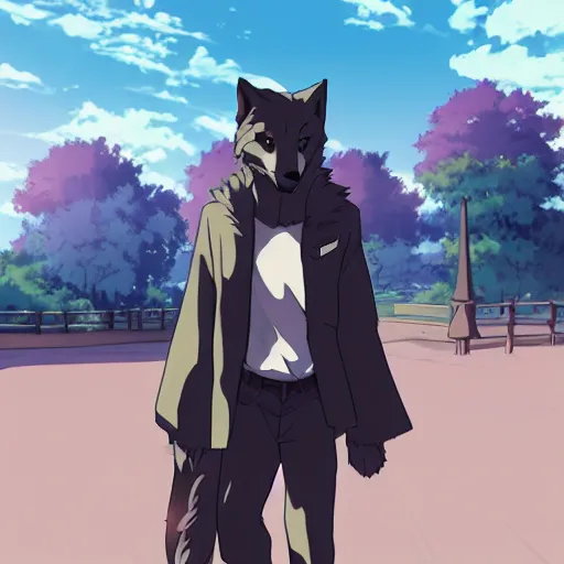 Image similar to key anime visual of a handsome male anthro wolf furry fursona wearing an edgy outfit as he walks outdoors in a city at sunset, official modern anime scene