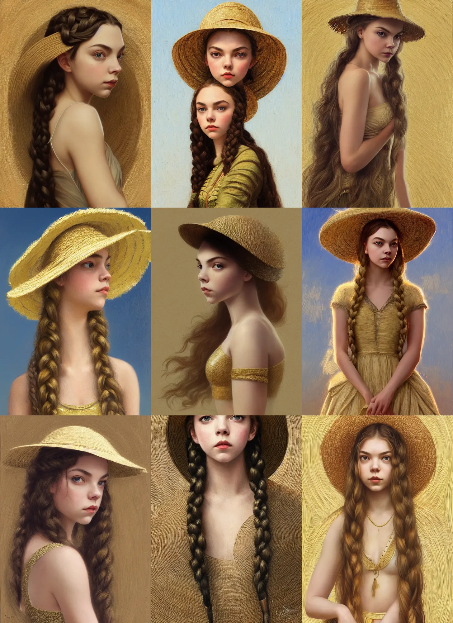 Prompt: anya taylor - joy, annasophia robb, wearing straw hat, olive skin, long braided blond hair, symmetrical, shiny gold background, intricate, elegant, highly detailed, digital painting, artstation, concept art, smooth, sharp focus, illustration, bouguereau, mucha