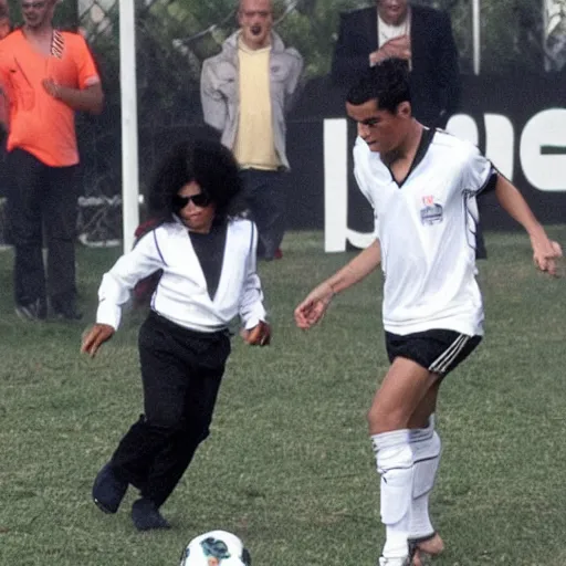 Prompt: Michael Jackson playing soccer with cristiano Ronaldo