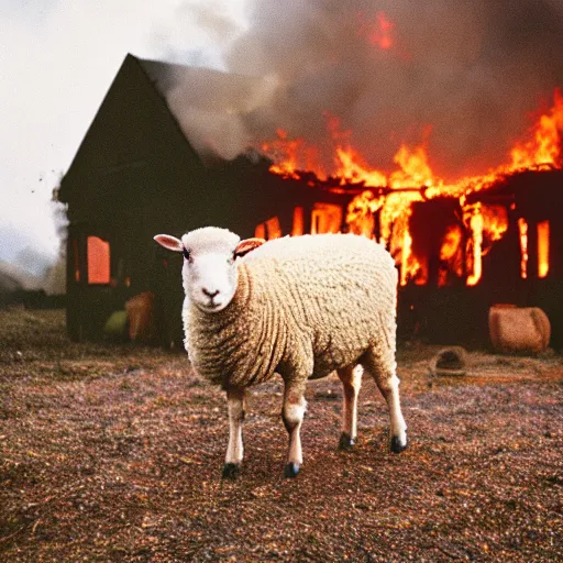 Prompt: a sheep in a burning house, cinestill 800t 50mm, photography